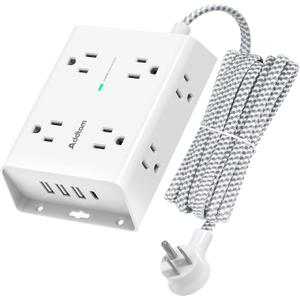 10Ft Long Surge Protector Power Strip, Addtam Extension Cord with 8 AC Outlets and 4 USB Ports(1 USB C), 3-Side Outlet Extender Strip, Flat Plug, Wall Mount, Dorm Home Office Essential, ETL Listed (White)