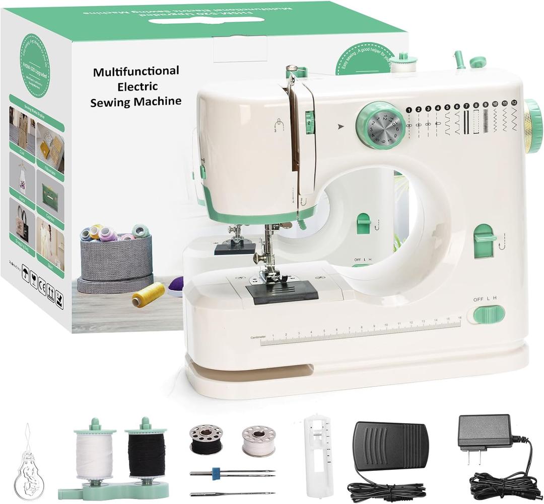 Mini Dual-Speed Sewing Machine Double Needle & Double Thread 12 Stitch Modes Beginner-Friendly Household Sewing Machine, ldeal for Adults & Beginners (White)