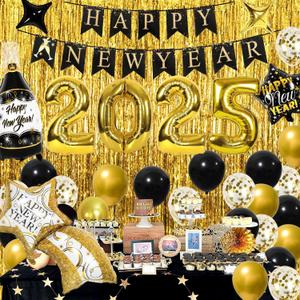 Labeol New Years Decorations 2025, 39 PCS Happy New Year Set with Large Foil Balloons, Banner, Gold Foil Curtains Black, Gold, Confetti Balloons for Party