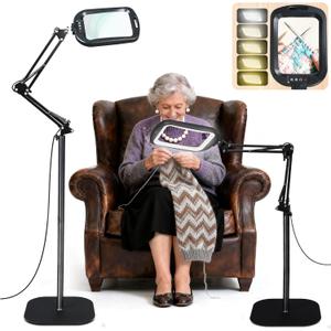 Extra Large Floor Magnifying Glass with Light and Stand, Adjustable Height Floor Magnifying Lamp, 3-in-1 Large Lighted Magnifier for Reading Painting Craft Close Work