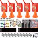 73 Pcs Racing Party Decoration, Kids Party Decoration 10 Race Car Cups with Straws Checkered Flag Race Gift Bag Racing Car &Sticker Keychain Racetrack Floor for Birthday Party Decoration