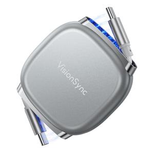 VisionSync 240W USB C to USB C Cable,PD 3.2 Retractable USB C Cable with Magnetic Slot for Travel,Car,5 Preset Length,Fast Charging for iPhone 17/16/15,iPad,MacBook,Galaxy S25/24,Grey,3.3ft