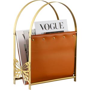 Aocii Magazine Holder, Artificial Leather Magazine Rack Floor with Golden Butterfly Hardware & Antique Brass Buckles, Bathroom Magazine Rack, Magazine Organizer for Floor Standing Home Decor