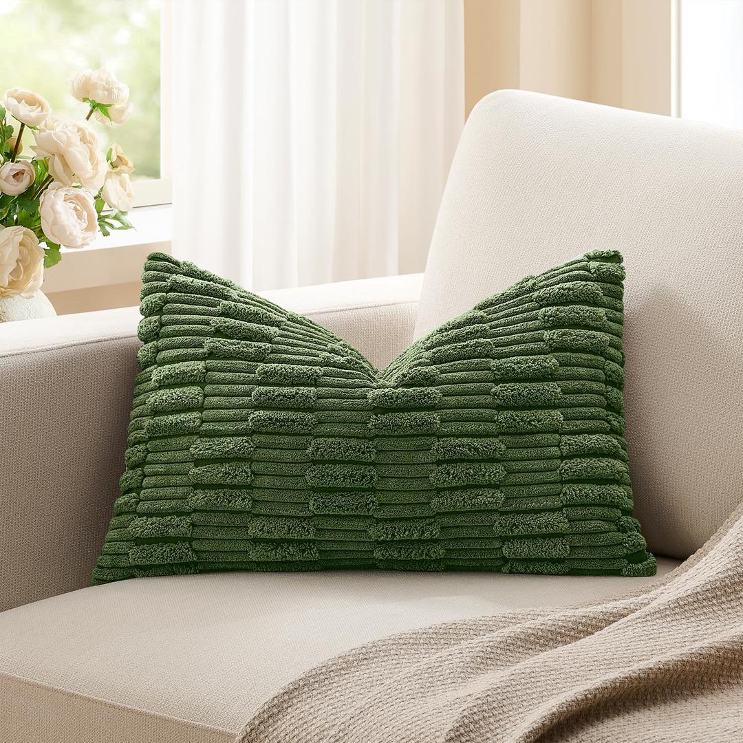 Kevin Textile 14x24 Inch Lumbar Pillow Cover 1 Pack Soft Plush Stripe Decorative Rectangle Cushion Elegant Double-Sided Corduroy Texture Pillow Cover for Couch Sofa Chair Bed Home Decor, Moss Green
