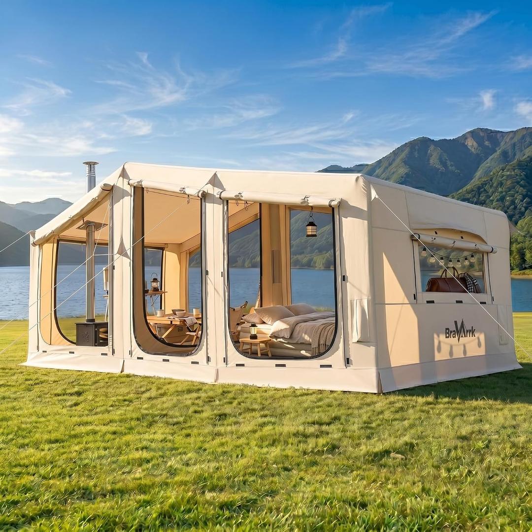 Inflatable Tent for Camping,16.4'x7'x7' Blow Up Tent 8-12 Person,3 Room Tent with Divided Curtain,Hot Tent with Stove Jack, Inflatable House with Pump, Quick Setup Air Glamping Tent for Family Outdoor
