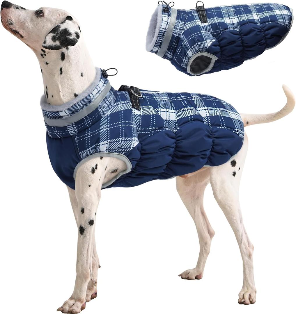 FUAMEY Dog Coat for Large Dogs,Waterproof Dog Winter Jacket with Harness Built in Puppy Cold Weather Coats Reflective Pet Vest with Zipper Warm Fleece Dogs Snowsuit Windproof Blue Plaid L (L(chest:24in))