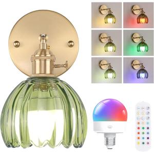 Vintage Battery Operated Wall Sconce with Cute Green Tulip Glass Lampshade Wireless Rechargeable Battery Powered Wall Light with Remote Control for Bedside Bedroom Doorway