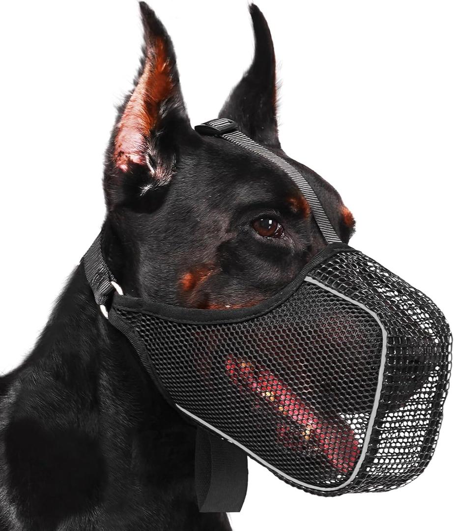 Mayerzon Dog Muzzle, Patented Mesh Muzzle with Panting Room for Large Medium Small Sized Dogs, Soft Mouth Guard to Prevent Biting Eating for Grooming Vet Visit Walking, Reflective and Full Covered (L [Snout Cir: 10.75-12"], Black)