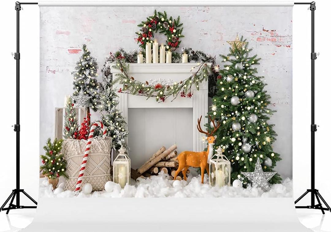 Kate10ft6.5ft (32m) Bohemian Christmas Tree Backdrop Photography White Wall Furnace Brick Wall Deer Christmas Festival Background Photography Christmas Studio Props Photo Video