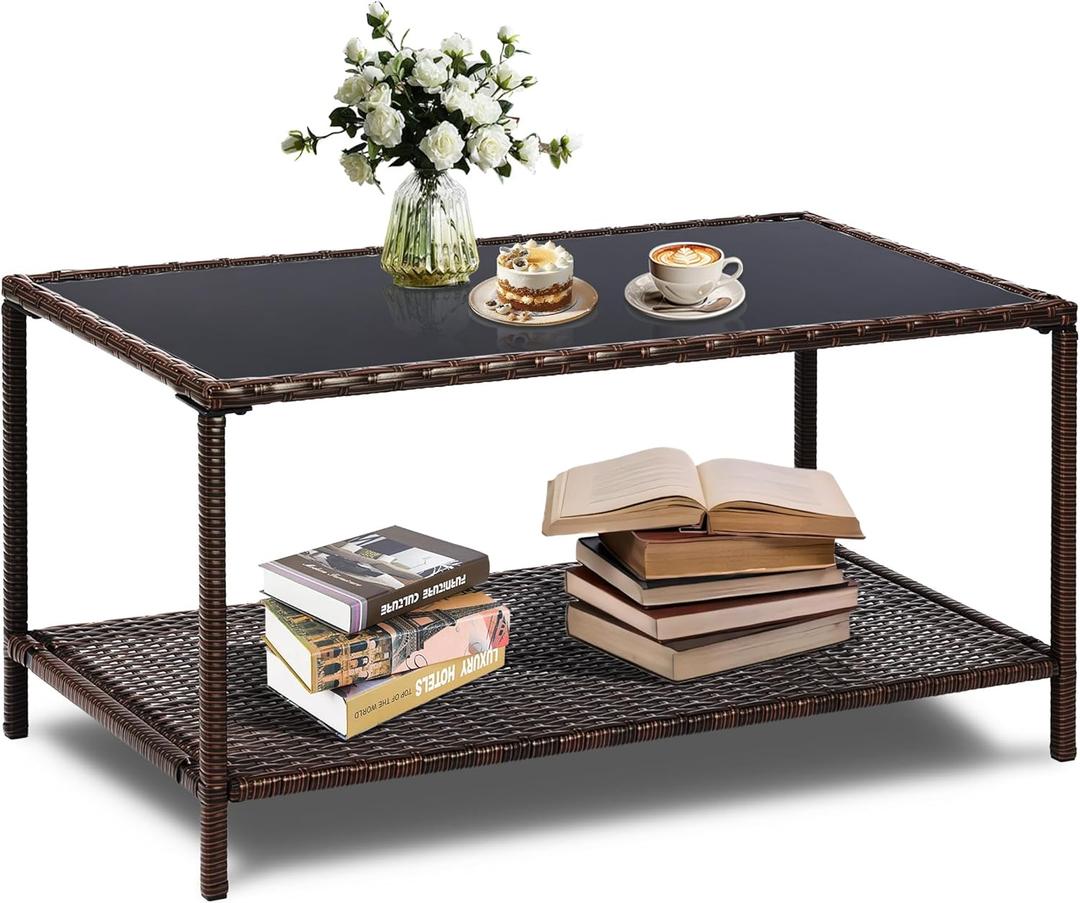 SUNNYPARK Outdoor Rattan Coffee Table 36 All-Weather Wicker Patio Side Tables with Glass Top and Storage Shelf Furniture for Living Room Balcony Backyard Poolside (Brown)
