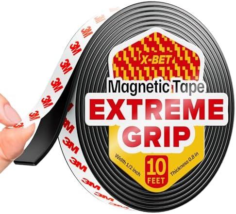 Super Sticky Magnetic Tape (10 feet x 1/2 inch) - Stong Magnet Strip with Adhesive Backing for DIY & Crafts - Easy to Cut and Mount on Fridges, Whiteboards & More