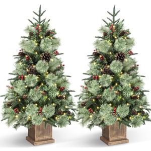 Jin&Bao 4FT Potted Christmas Tree with 100 Lights, 2 Pack Artificial Xmax Tree Timer Function with Long Pine Cones & Red Berries, 3AA Battery Operated Christmas Decorations for Outdoor, Porch