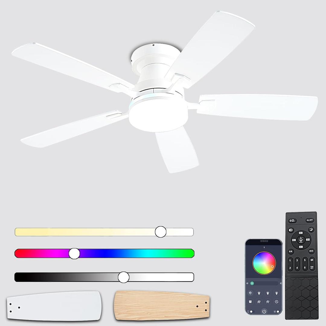 Ceiling Fans with Lights, 48 inch Low Profile Ceiling Fan with Light and Remote Control, Flush Mount RGB Dimmable Light, Noiseless, White Ceiling Fan for Bedroom Indoor/Outdoor Use