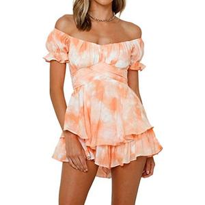 Fixmatti Women Boho Romper Off Shoulder Ruffle Chiffon Shorts Jumpsuit Playsuits Small, Tie Dye 