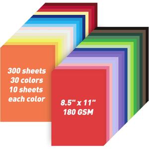 MAXECHO 8.5" X 11" Colored Cardstock Bulk 300 Sheets 30 Assorted Colors Construction Paper Card Stock Printer Paper for DIY Crafts, Kids School Supplies, Cricut, 180 GSM (Multicolor)