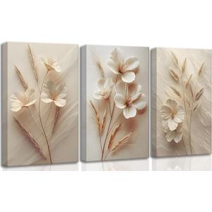 UZXTFQU 3Pcs Neutral Beige Floral Botanical Canvas Wall Art 16x24in