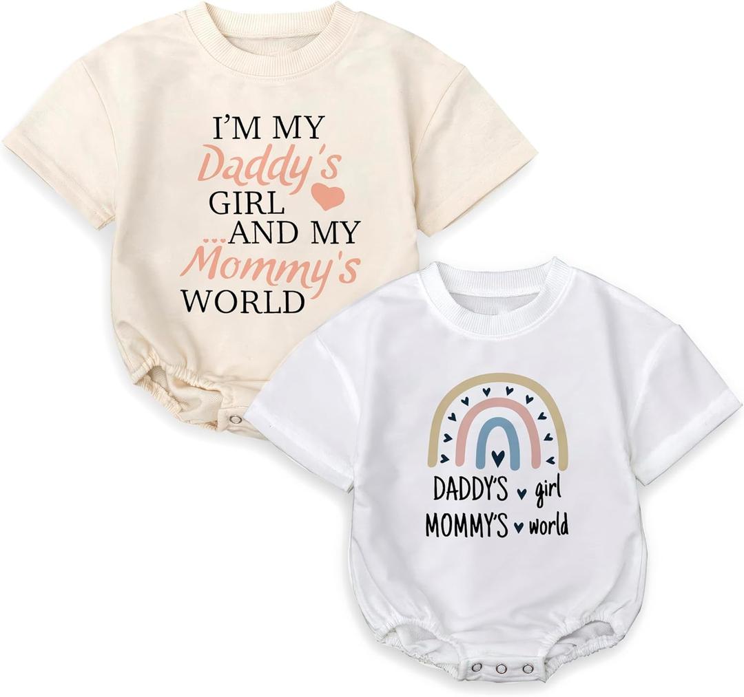 2Pcs Baby Girl Romper for Fathers Day, Daddys Girl & Mommys World Outfit, Bodysuit Short Sleeve Infant for 0-24 Months (12-18 Months, Multicolor)