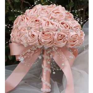 Bridal Wedding Bouquet Round Bling Brooch Bouquet Throw Toss Artificial Rose Flower Bunch for Bride Bridesmaid Wedding Quinceanera(Peach Pink, 6.3")