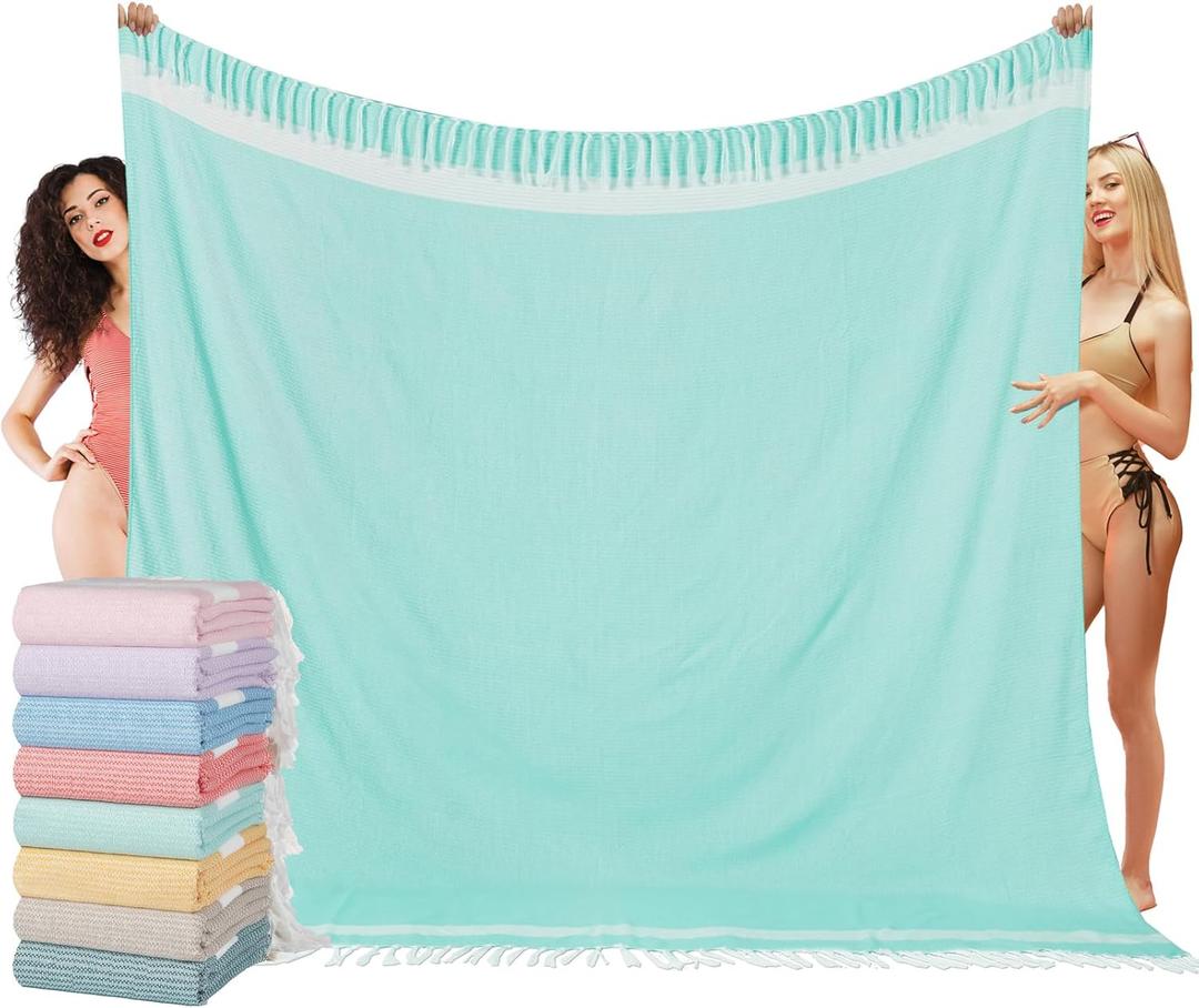 Oversized Turkish Beach Towel Blanket XXL Cotton Sandproof Towels Boho Woven Extra Large Big Sand Free Giant Throw Blankets Huge Quilt XL Picnic Camping Necessities Cloud for Adult Gifts (Cten Aqua)