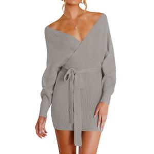 ZESICA Women's Fall Long Batwing Sleeve Wrap V Neck Knitted Backless Bodycon Pullover Sweater Dress with Belt,Grey,Large