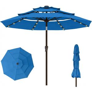 10ft 3-Tier Patio Umbrella with 32 Solar Powered LED Lights, Windproof Outdoor Market Umbrella for Deck, Poolside & Garden, Sturdy Push-Button Tilt Table Umbrella, Royal Blue