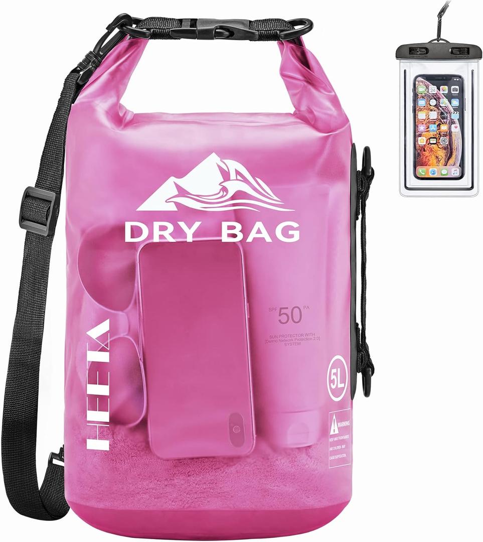 HEETA Dry Bag Waterproof for Women Men, 5L Roll Top Lightweight Dry Storage Bag Backpack with Phone Case for Travel, Swimming, Boating, Kayaking, Camping & Beach, 11 Transparent Colors (Rose Red)