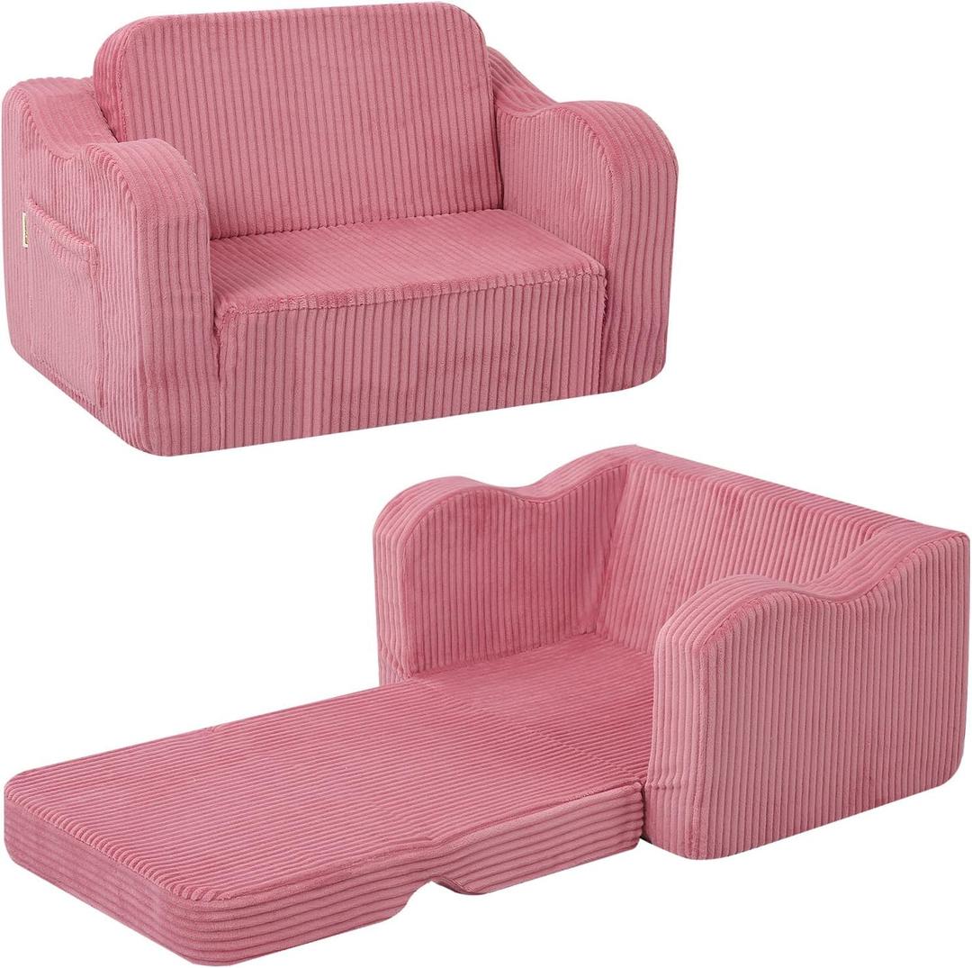MeMoreCool Toddler Chair & Kids Couch Bed 2in1 Foldable Lounge Pink (13yrs)  Convertible FoldOut Seat to Sofa Bed for Toddlers, Soft Corduroy Finish, MachineWashable Cover, Ideal for Playrooms