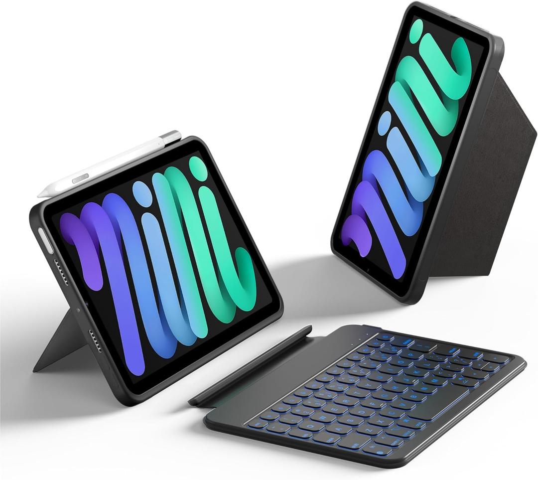 HOU Keyboard Case for iPad mini 7/6, 156 Adjustable Stand, Detachable Full Protective Case for iPad mini 7/6, 11 Shortcut Keys, 7 Color Backlight, Silicone PU, Multifunction, Bluetooth (Black)