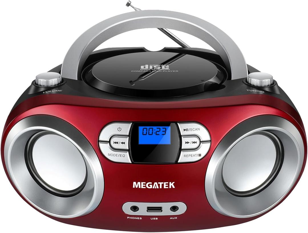 MEGATEK Portable CD Player Boombox with FM Radio, Bluetooth, USB Port, AUX Input, and Headphone Jack  CD-R/CD-RW/MP3-CD Compatible, Clear Stereo Sound, Backlit LCD Display  Cherry Red