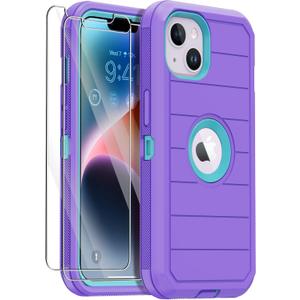 Annymall for iPhone 14 Case with 2 Screen Protector,Full Body Shockproof Drop Protection Dust Proof Heavy Duty 3 Layer Rugged Durable Military Grade Cover for Apple iPhone 14 6.1" (Purple/light green)