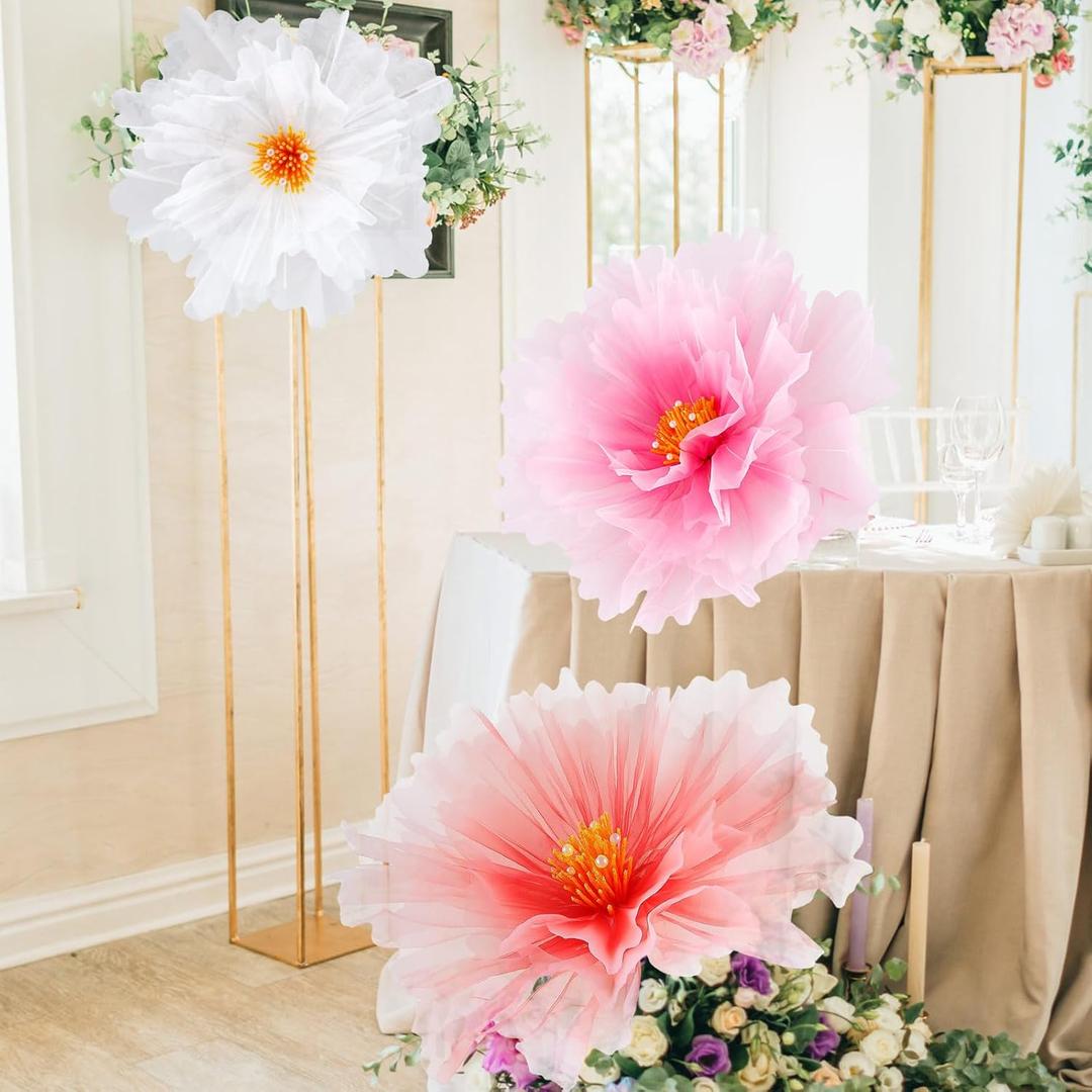 Havawish 3pcs 19.7in Giant Flowers Decoration for Wedding Reception, Artificial Gauze Large Flower Prop for Christmas Wedding Banquet Ceremony Church Party, White Pink and Purple