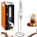 YUSWKO White Handheld Milk Frother Wand with Stand for Coffee, Rechargeable Electric Whisk with 3 Heads 3 Speeds Drink Mixer Coffee Frother For Latte, Cappuccino, Hot Chocolate, Egg