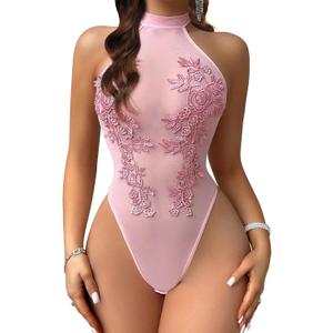 Lingerie for Women Sexy Teddy Bodysuit Sheer Mesh Halter One Piece Lingerie with Snap Crotch (Medium)