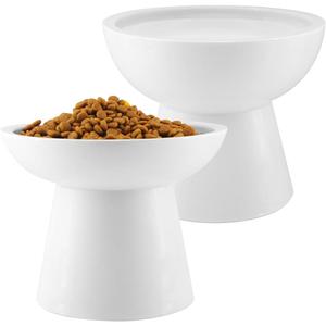 LoeJan Elevated Cat Food and Water Bowls Set, Extra Wide and Raised Ceramic Cat Feeder, Anti-Vomit Whisker-Free Pressure Cat Feeding Bowl for Kittens Adult Cats Small Dogs (White, Bowl Set) (2 Pack)