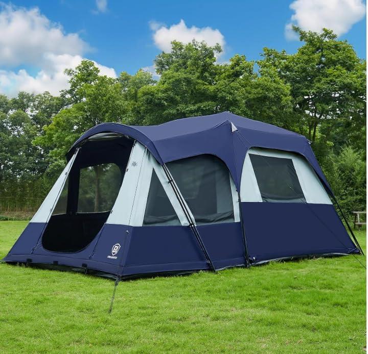 EVER ADVANCED 8 Person Blackout Design Cabin Tent, Camping Family Tent with Multi Room & Extra Porch and Rainfly, 2 Rooms Huge Portable with Carry Bag, Blue, 8 Person Size