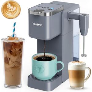 Tastyle Single Serve Coffee Maker with Built-in Detachable Milk Frother, Iced and Hot Coffee Machine for K Cup & Grounds, 40oz Removable Water Reservoir, 6 Cup Sizes, Fits 7.3" Travel Mug, Gray