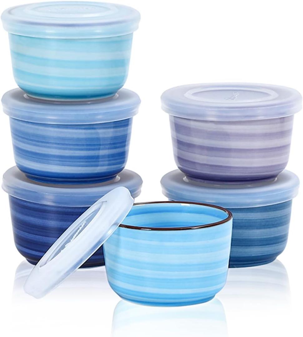 Selamica 4 oz Ramekins with Lids Oven Safe, Creme Brulee Souffle Dishes Ramekins with Covers, Porcelain Custard Cups for Baking, Stackable Mini Ramekin Bowls for Pudding Dip Sauces, Set of 6, Gradient Blue