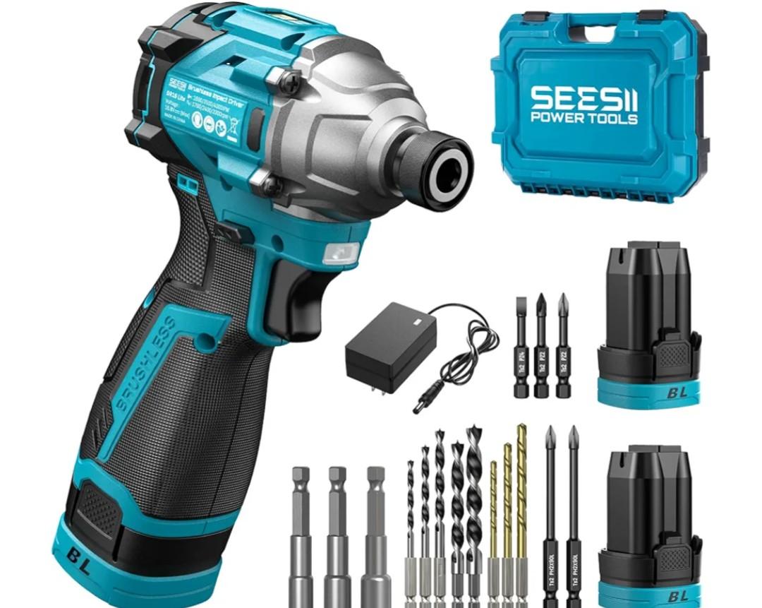 SEESII 16.8V Impact Driver Kit, 1/4" Hex Cordless Impact Driver Set & 2×2.0Ah Batteries, 150N.m Max Torque(1327 In-lbs) Brushless Power Impact Driver w/ 16Pcs Drill Bits, 0-3300RPM Variable Speed