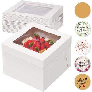Kootek 15pcs Cake Boxes, 10x10x8 Inches Tall Cake Box with Window, White Bakery Boxes, Large Baking Boxes, Square Cardboard Cake Box for Multi-Layer Cakes, Cake Decorating Supplies for Gift Giving