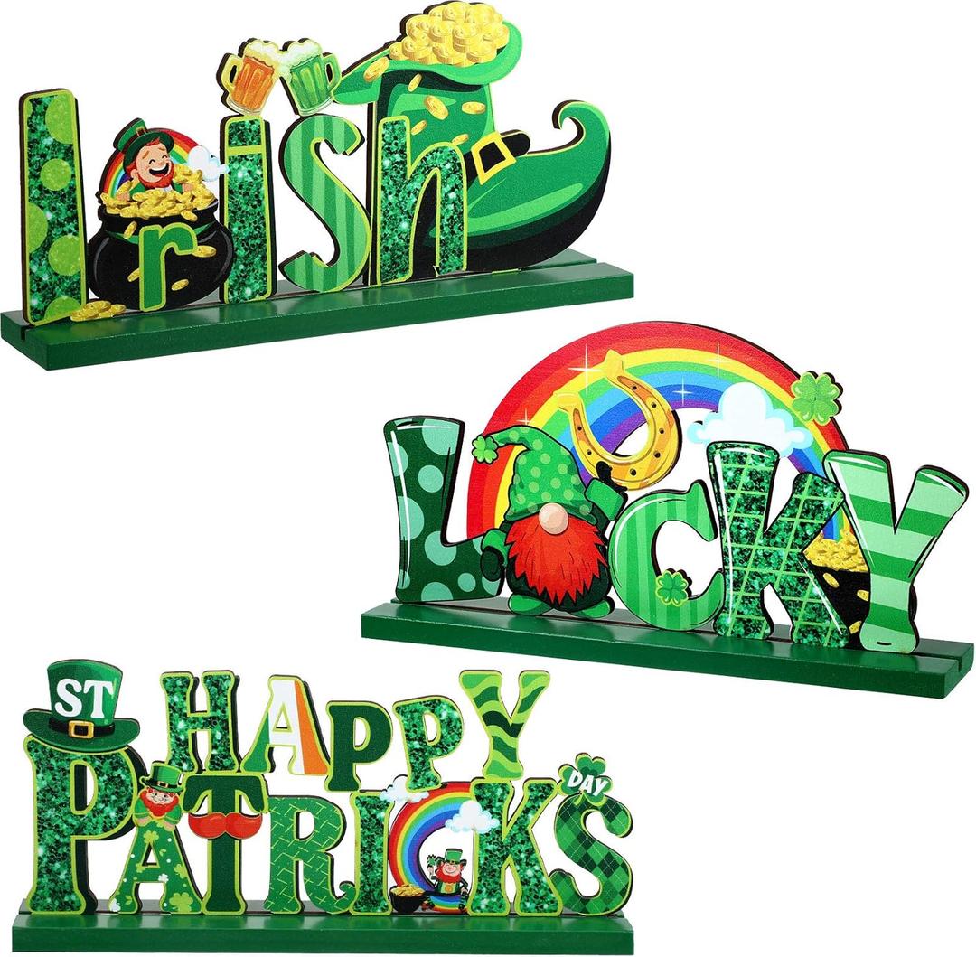 Sumind 3 Pieces St. Patrick's Day Table Decoration Shamrock Sign Centerpieces Leprechaun Decoration Wooden Irish Themed Decor for St. Patrick's Day Dinner Coffee Tier Tray, 7.87 x 4.72 Inch
