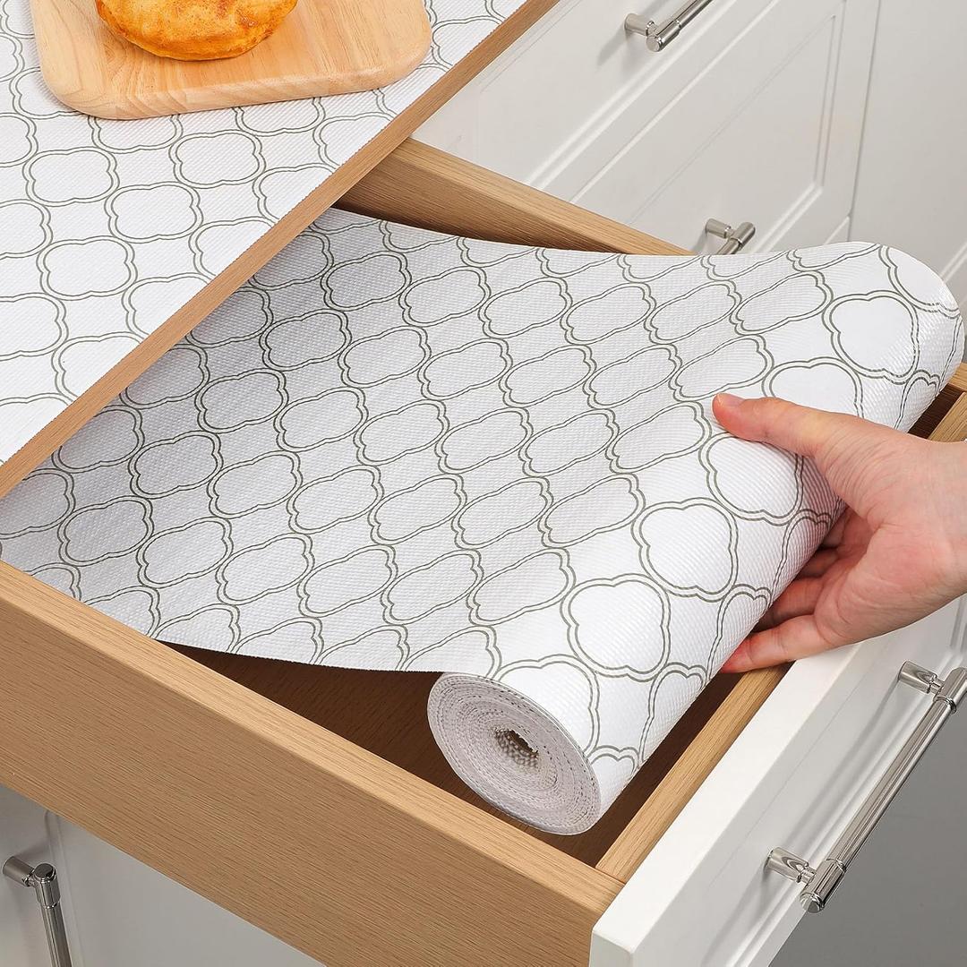 Shelf & Drawer Liner for Kitchen Cabinets, Non-Slip Non-Adhesive Shelf Paper Protect Dresser and Cupboard, Waterproof Drawer Mats for Bathroom, Easy Install (White Geometric 12" x 120")