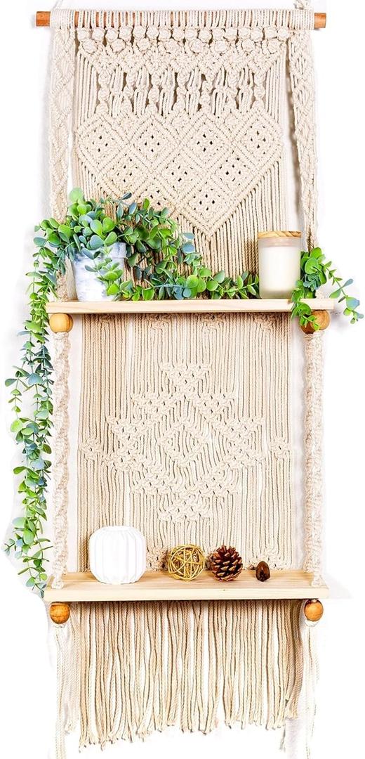 Macrame Wall Hanging Shelf (Tier 2, Natural White)