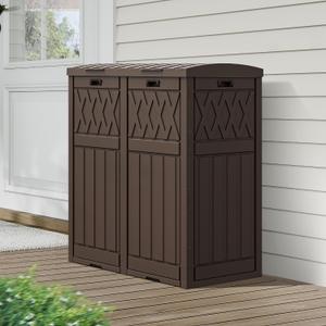 DWVO 76 Gallon Double-Bin Outdoor Trash Can, Waterproof Resin Garbage Can with Tiered Lid and Drip Tray for Patio, Kitchen, Deck, and Backyard, Brown
