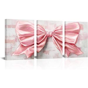 HOMEOART Bow Painting Canvas Print Bow Picture Bathroom Decor Bedroom Wall Decor 12x16inchx3Pieces Framed (Pink)