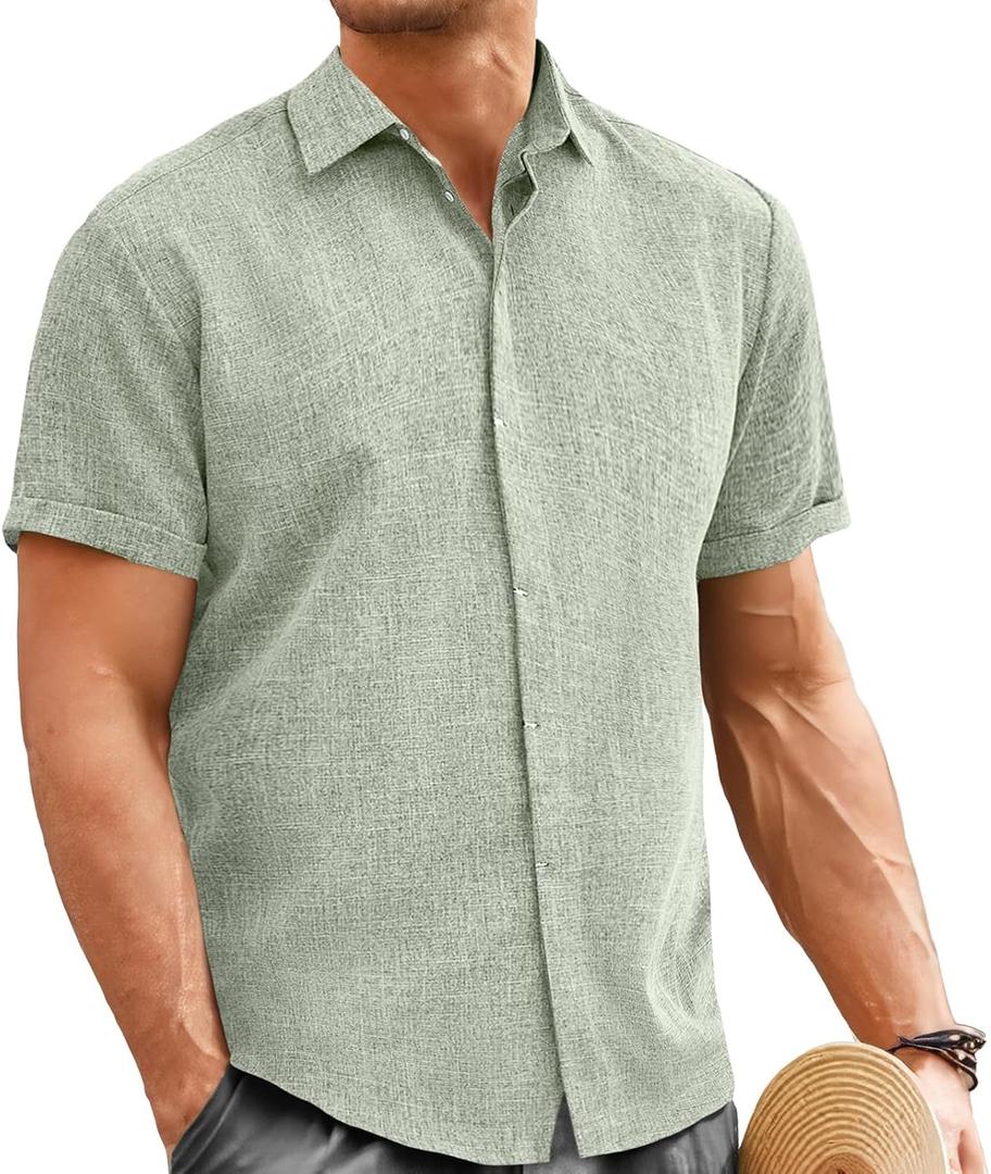 Mens Linen Shirt Classic Button Down Shirt Casual Short Sleeve Blouse Wedding Holiday Summer Tops Lightweight Tee (4X-Large)