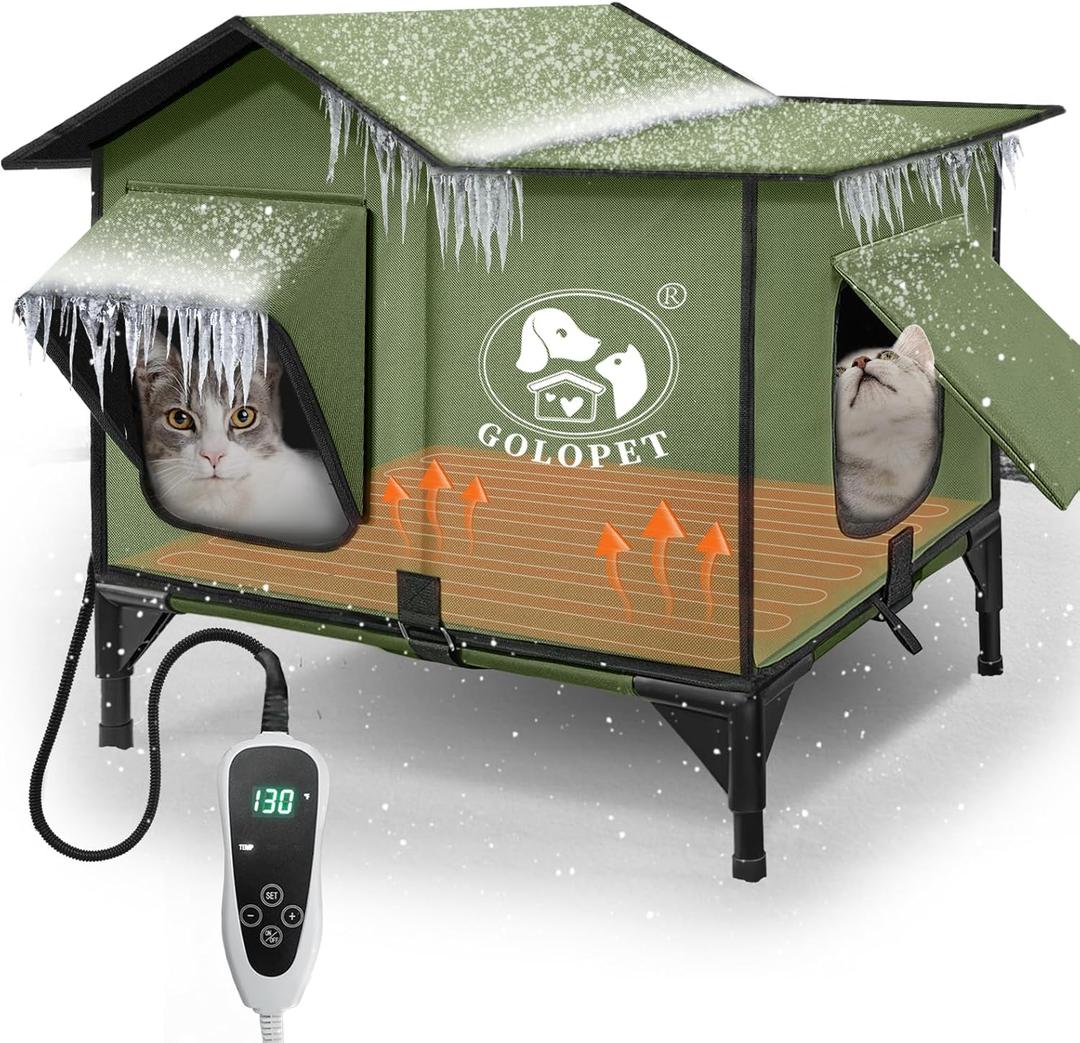 Large Heated Cat House for Outside 21x17x17 in with Time Temperature Intelligent Controller,Inner Insulation Layer and 100% Waterproof,Built in MET and UL Dual Certified Heater (New Green)