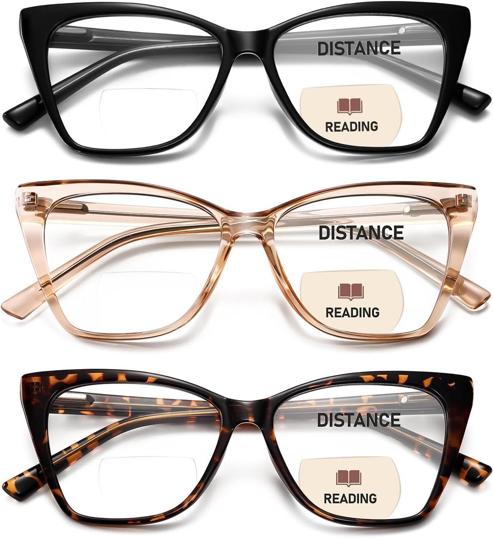Bifocal Reading Glasses Women Cat Eye Oversized Blue Light Blocking Computer Readers Designer Clear Top Eyewear PT2001 (Bifocal / 1 Black + 1 Demi + 1 Champagne)