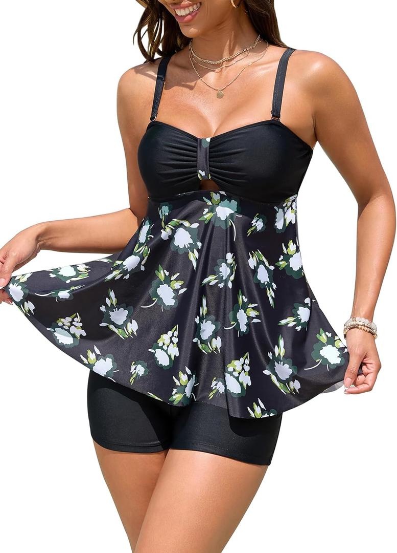 ZAFUL Tankini Swimsuits for Women Tummy Control Two Piece Modest Bathing Suits Floral Skirt Top with Boyshorts (Large, 0547-black) ZAFUL Tankini Swimsuits for Women Tummy Control Two Piece Modest Bathing Suits Floral Skirt Top with Boyshorts (Large, 0547-black)