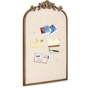 Wonderjune Vintage Framed PinBoard Linen Display Bulletin Board Large Cork Fabric Picture Photo Memo Pinboard Fancy Ornate Decorative Vision Board for Wall(Arch,19" X 31",Antique Gold) (33.9" x 22.2")