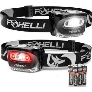 Foxelli LED Headlamp Flashlight for Adults & Kids, Running, Camping, Hiking Head Lamp with White & Red Light, Comfortable Headband, Lightweight & Waterproof, 3 AAA Batteries (2-Pack Black)